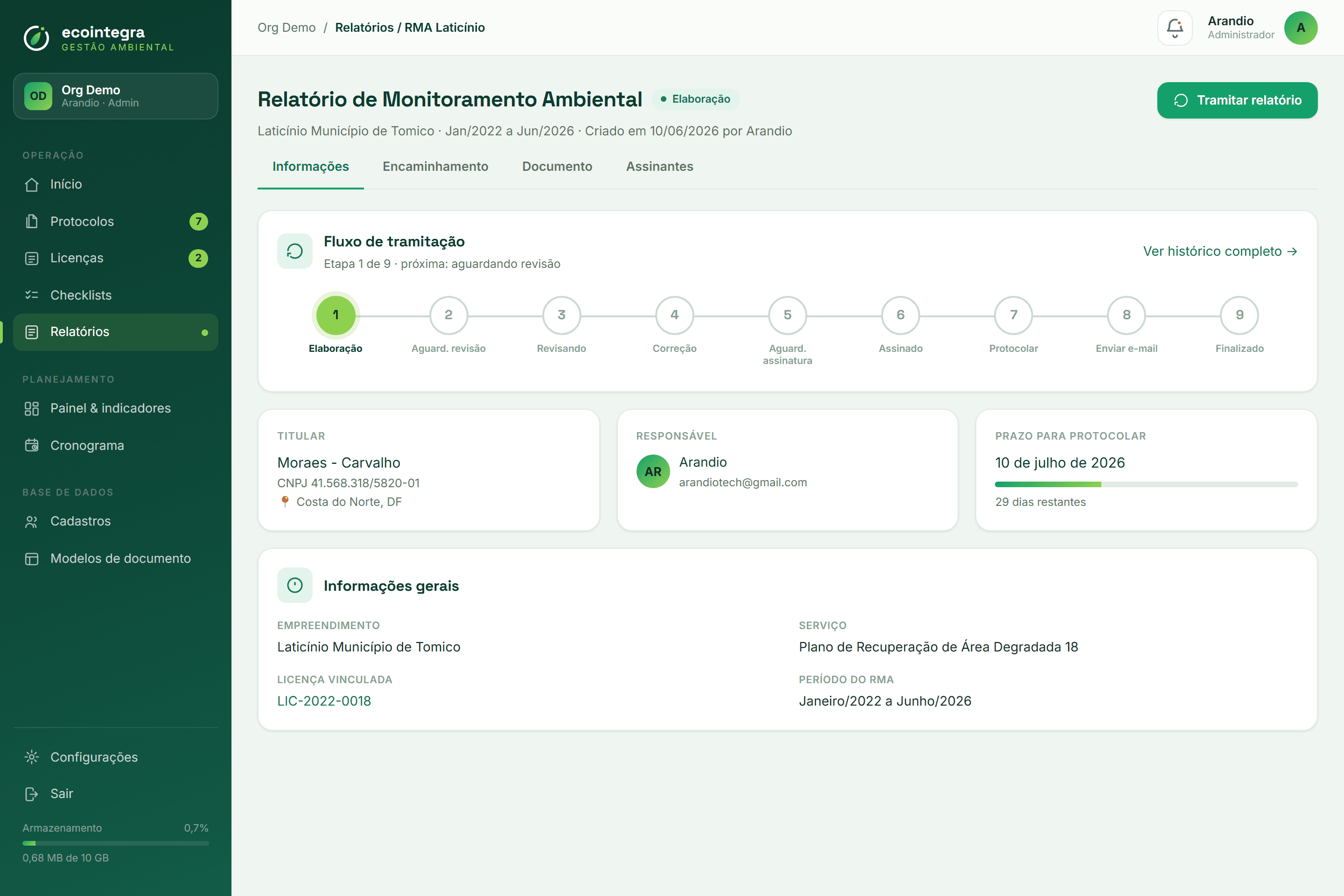 Detalhe do relatório ambiental (RMA)