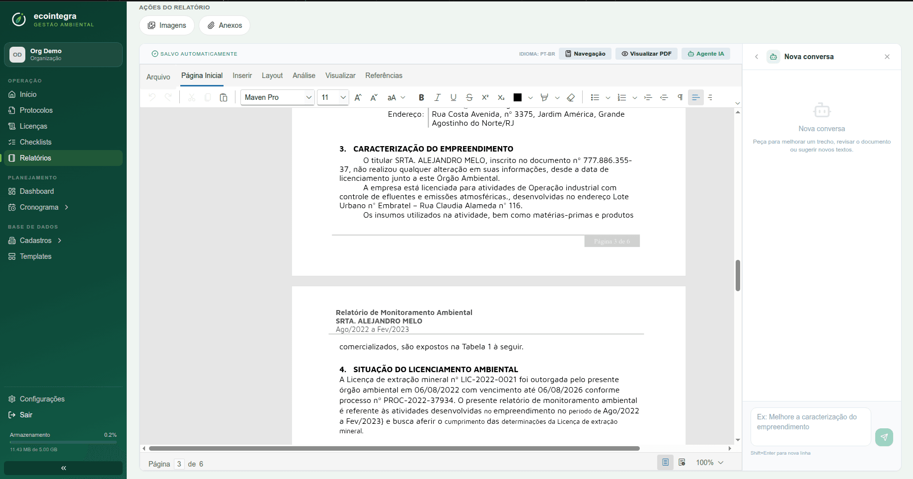 Editor de relatório ambiental (RMA)